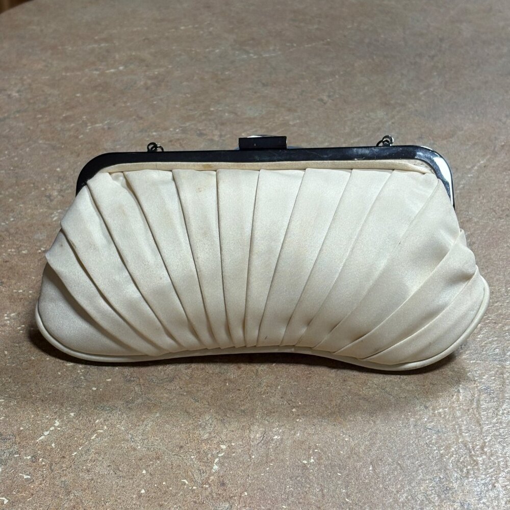 Vintage Kate Landry Pleated Satin Clutch Silver Chain Strap & Rhinestone Clasp - Picture 5 of 16